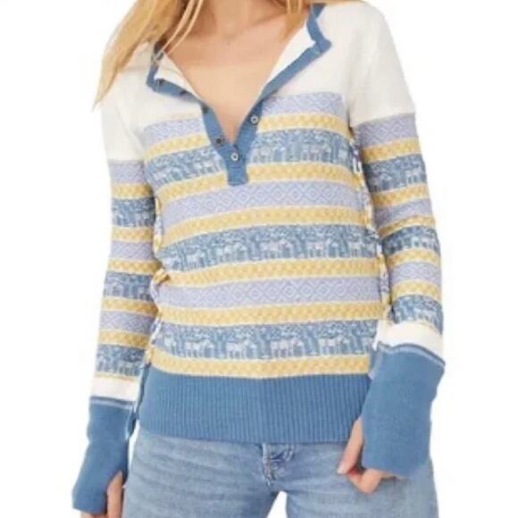 Free People  To The Woods Stripe Henley Cotton Blend  Oversized Sweater XS Nwt - Picture 2 of 9